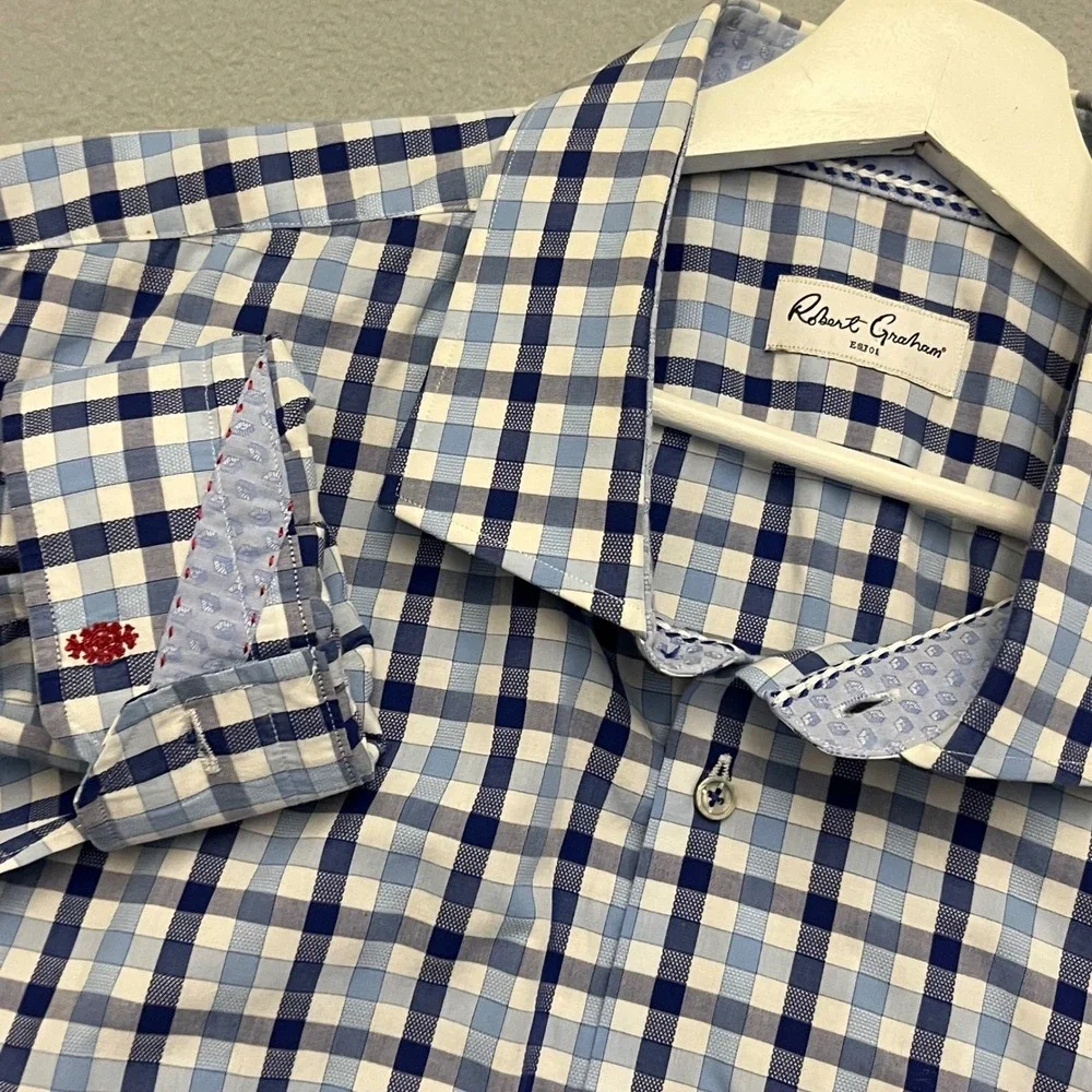 Robert Graham Blue Gingham Check Cotton Button Front Shirt Mens 3XL Long Sleeve